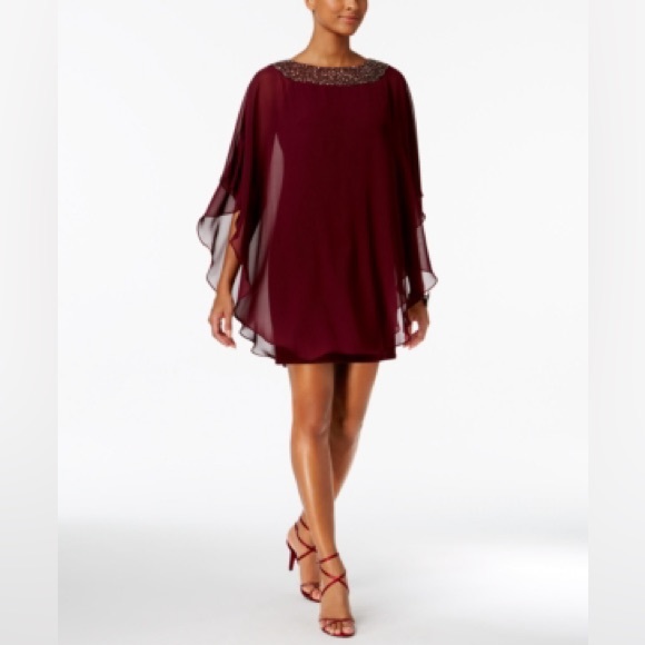 NWT Xscape Petite Embellished Chiffon Cape-Overlay Dress - Picture 1 of 9